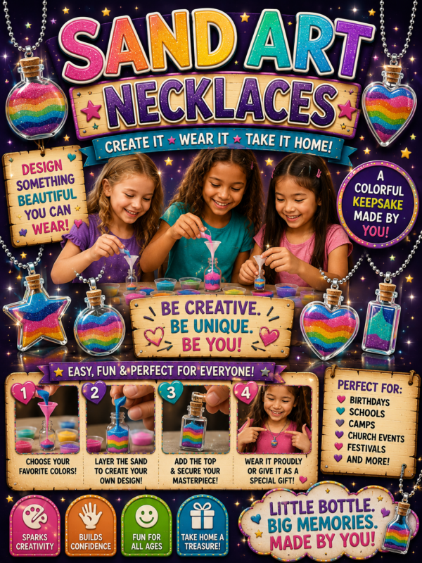 Create and take home a beautiful sand art necklace that YOU make with colorful sands!
