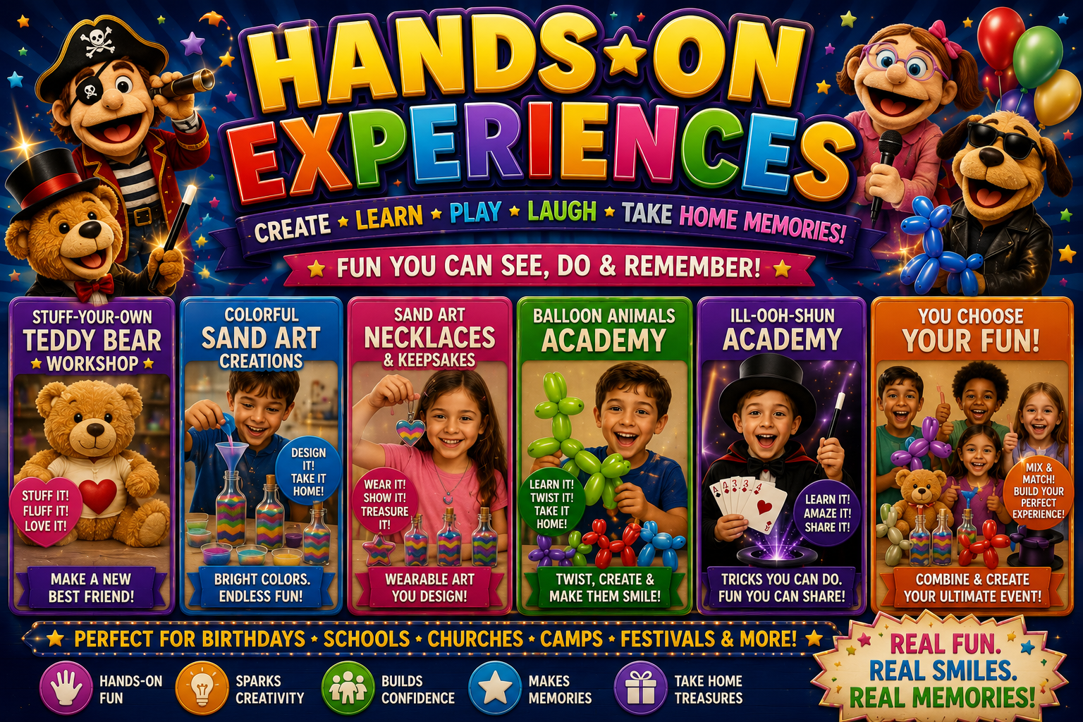 Learn how to create balloon animals, perform amazing illusions, create a beautiful sand art necklace of stuff a teddy bear!!  Have an amazing and fun experience!